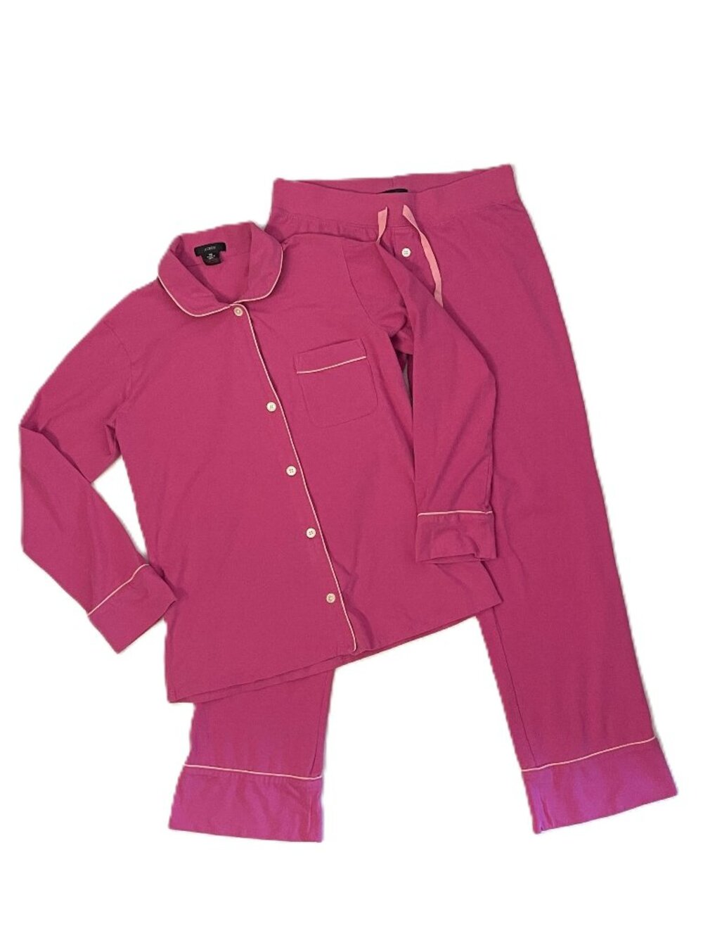 J Crew Pajama Set Womens XS Pink Cotton Knit Stretch Piping Long Sleeve Button